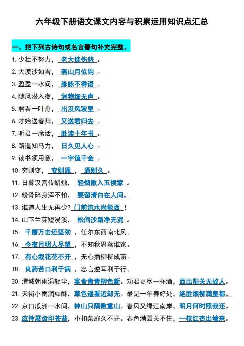 六年级下册语文(小升初)期末必考知识点-学芽网