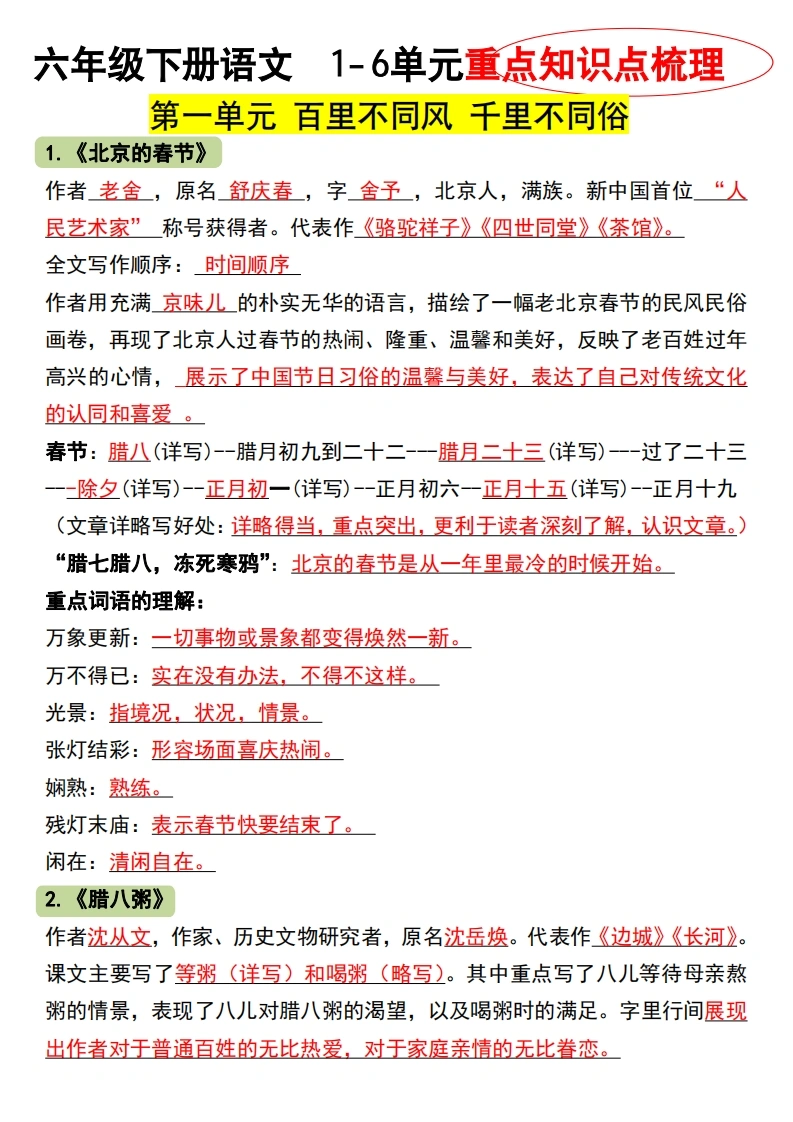 六年级下册语文各课重点知识点梳理-学芽网