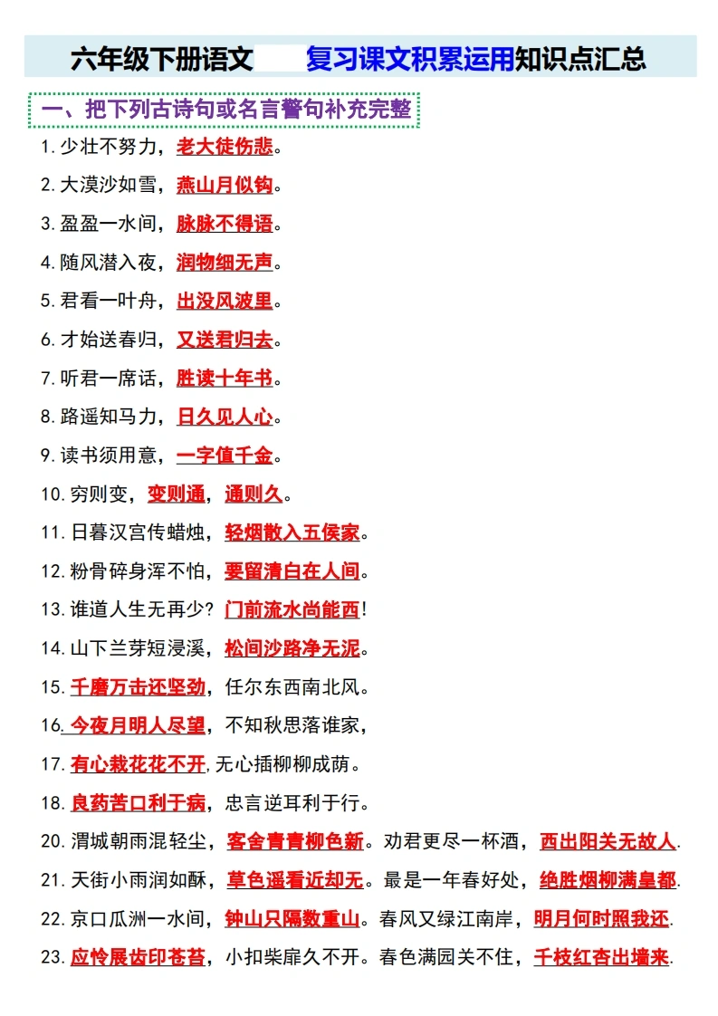 六年级下册语文复习课文积累运用知识点汇总-学芽网