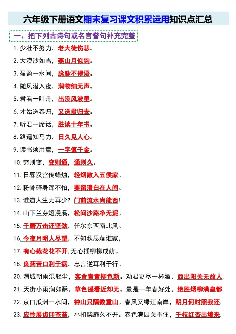 六年级下册语文期末复习课文积累运用知识点汇总-学芽网