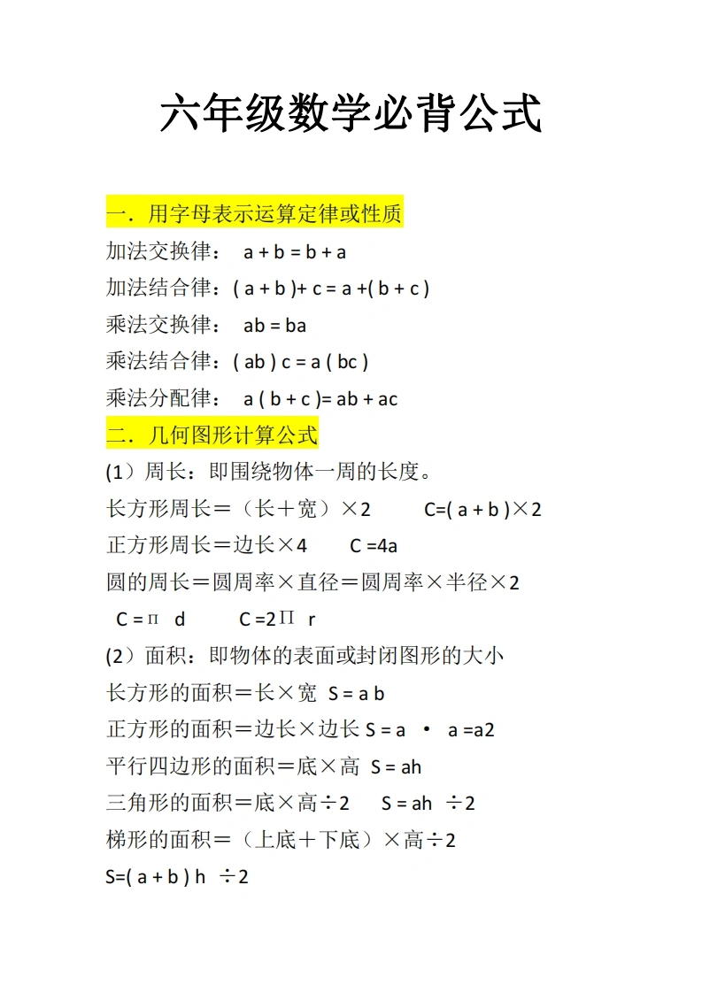 六年级数学必背公式大全-学芽网