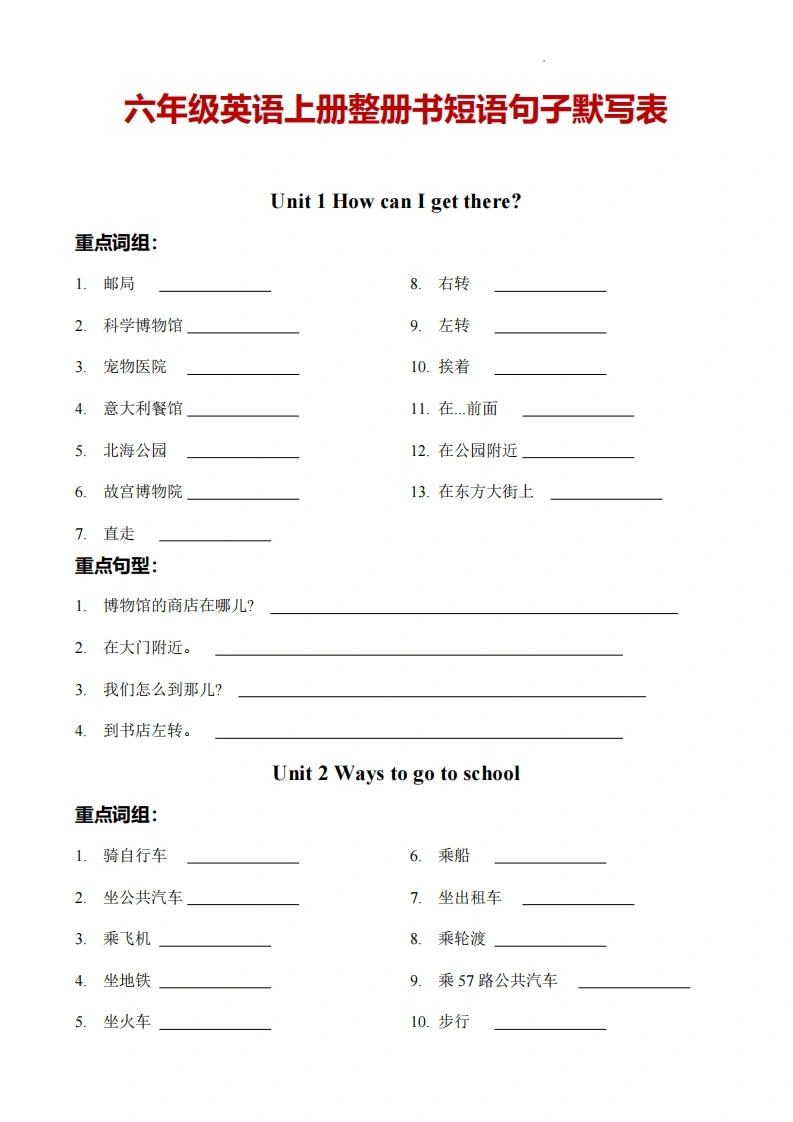 六年级英语上册整册书短语句子默写表（人教PEP版）-学芽网