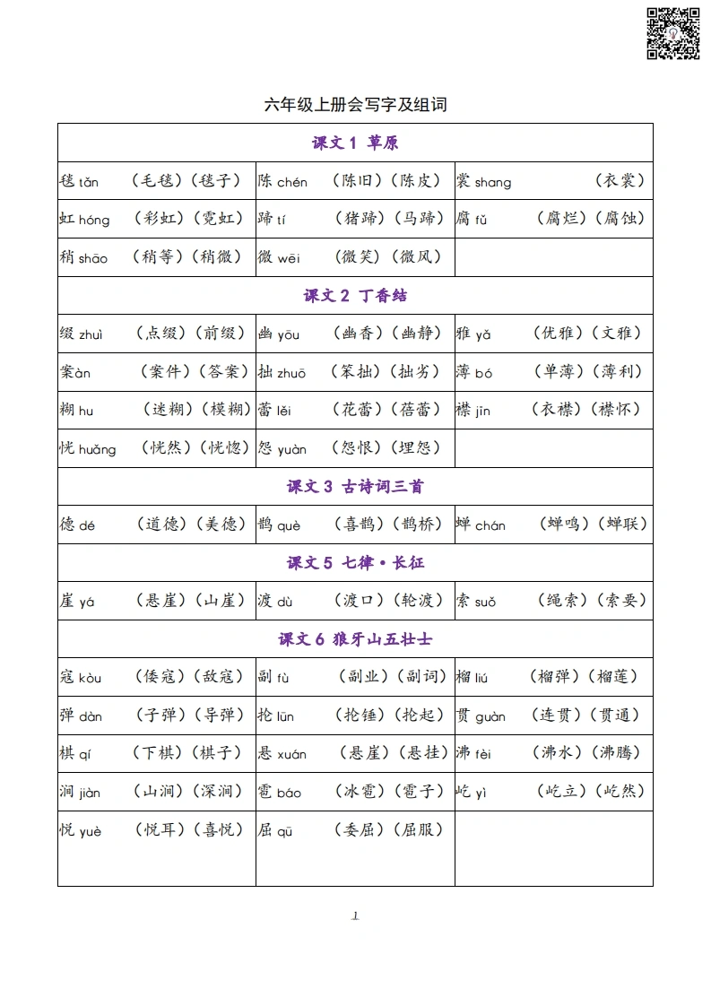 六年级语文上册会写字及组词-学芽网