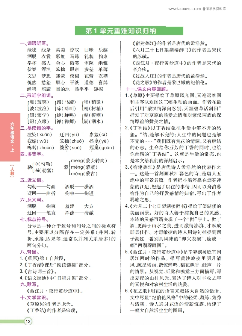 六年级语文上册重点难点知识归纳-学芽网