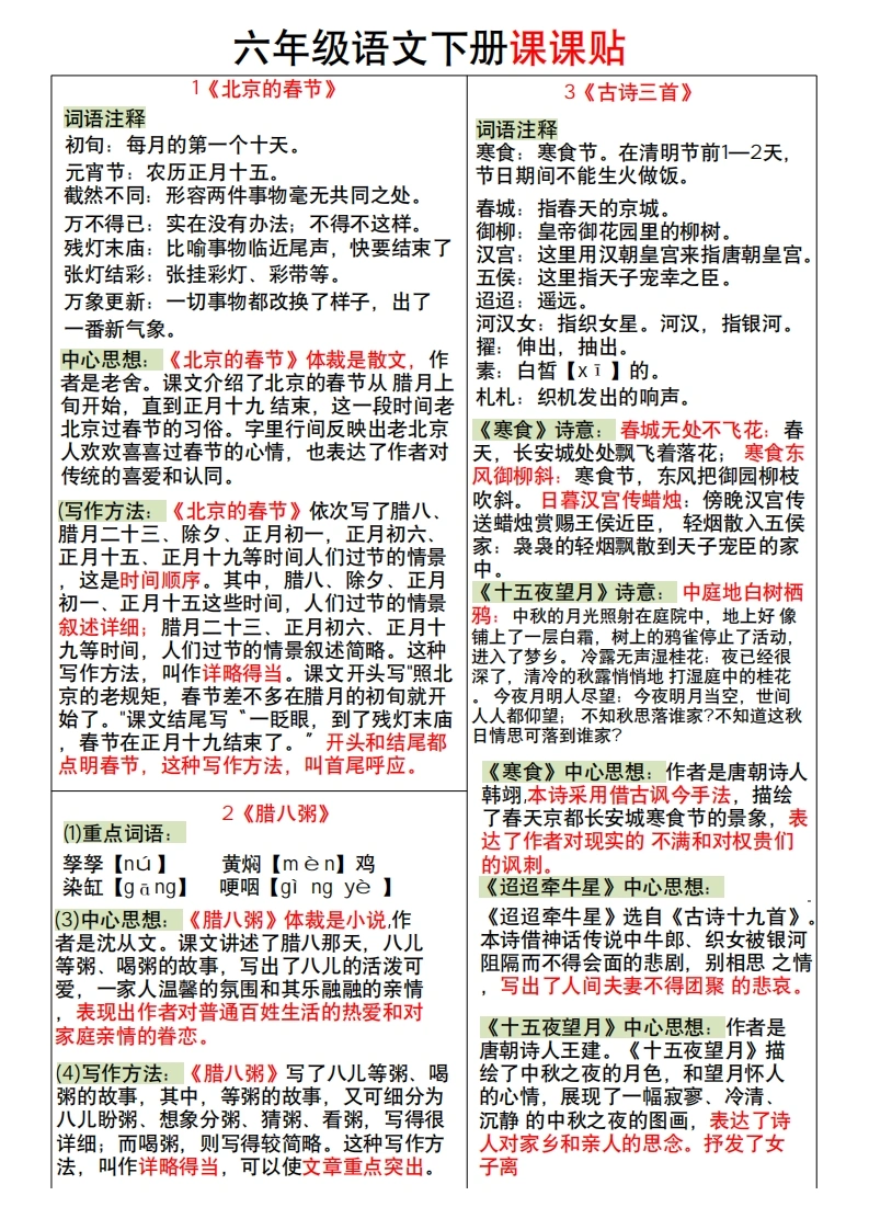 六年级语文下册课课贴
