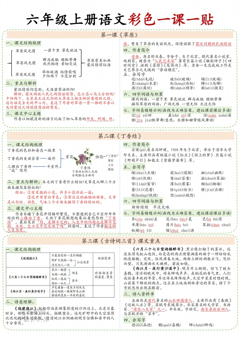 六年级（上）语文彩色课课贴-学芽网