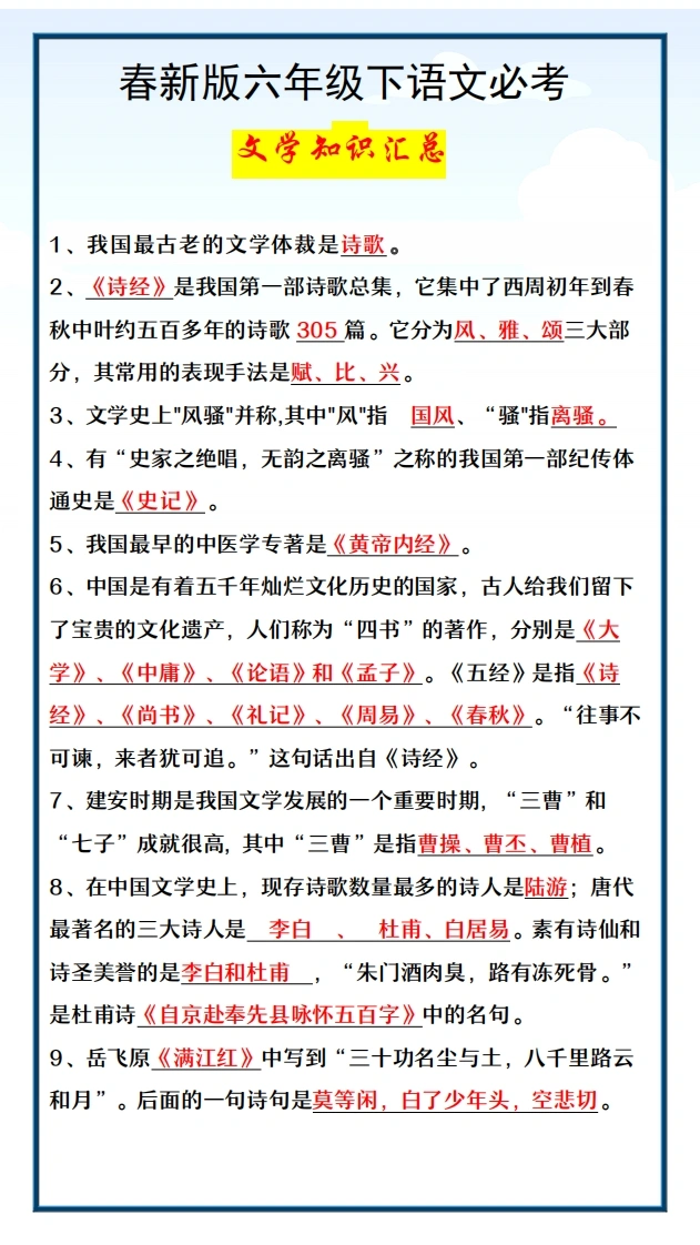 六年级（下）语文必考文学知识汇总-学芽网