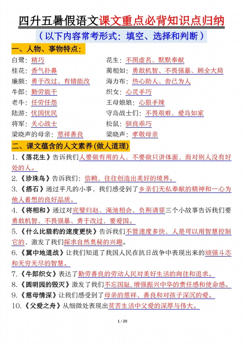 四升五年级暑假语文课文重点必背知识点归纳输出（20页）-学芽网