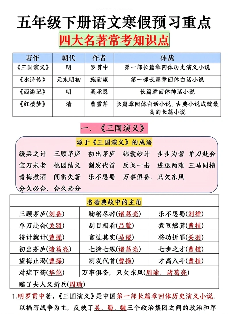 寒假预习五年级下册语文四大名著常考重点