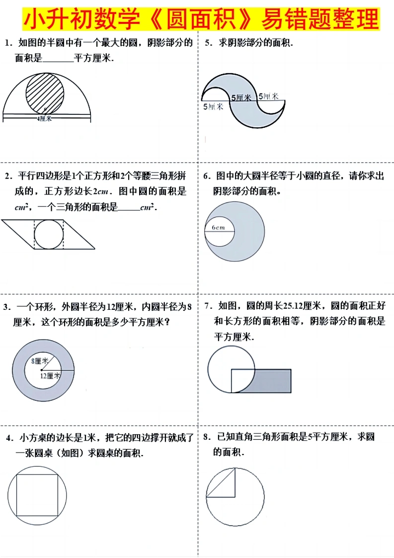 小升初数学（圆面积）易错题整理-学芽网