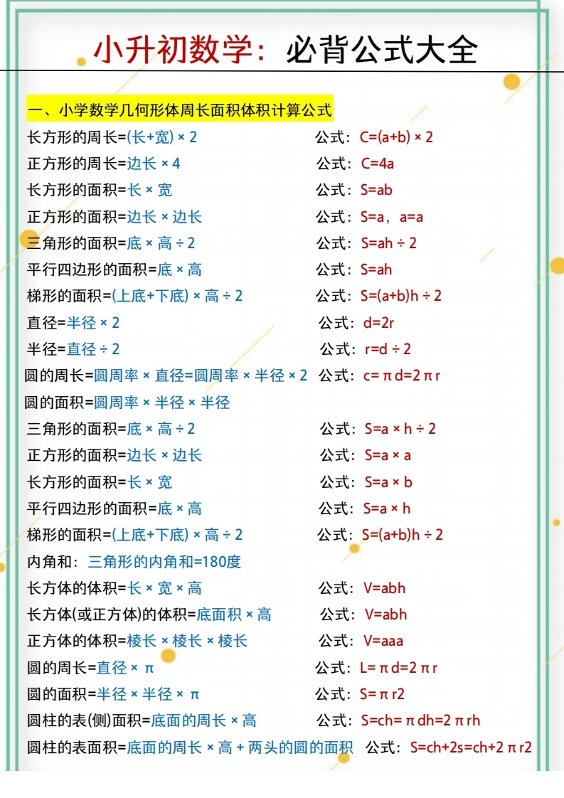 小升初数学：必背公式大全