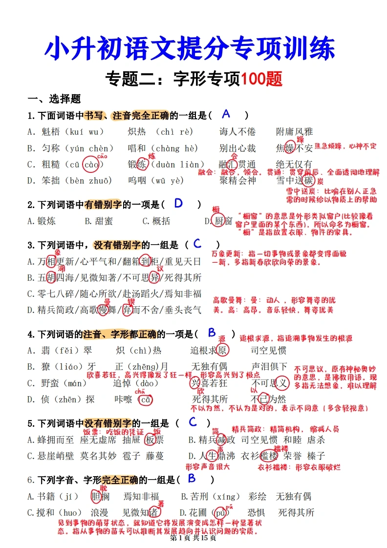 小升初语文提分专练02字形解析（15页）-学芽网