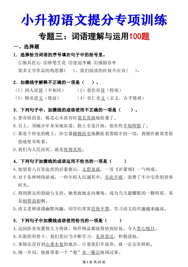 小升初语文提分专练03词语理解与运用-学芽网