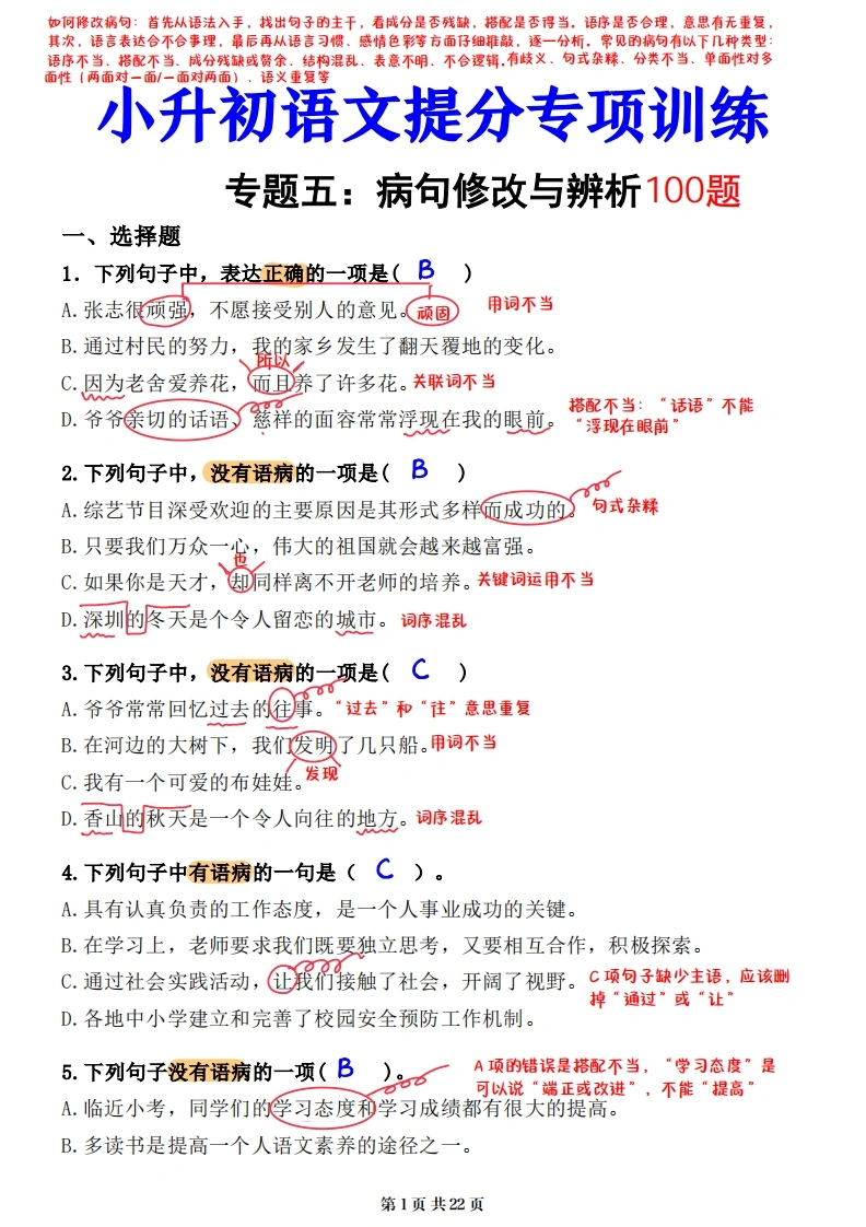 小升初语文提分专练05病句辨析与修改解析（22页）-学芽网