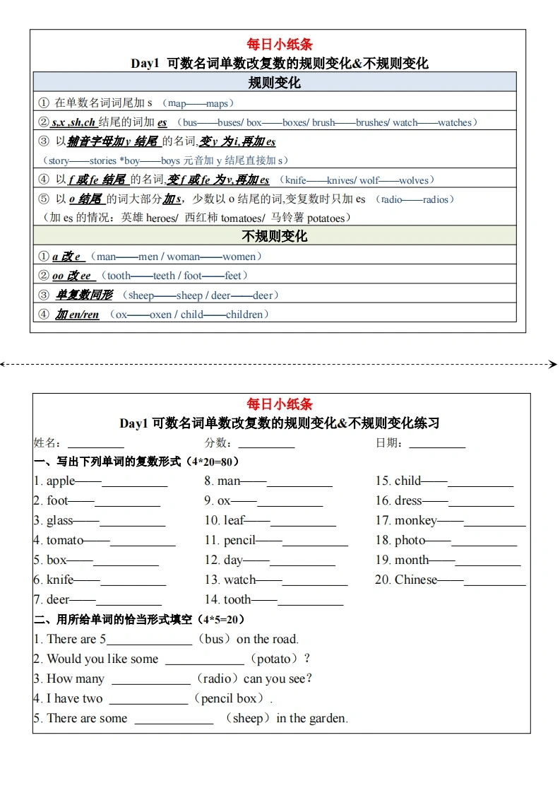 小学英语语法每日小纸条（含答案）