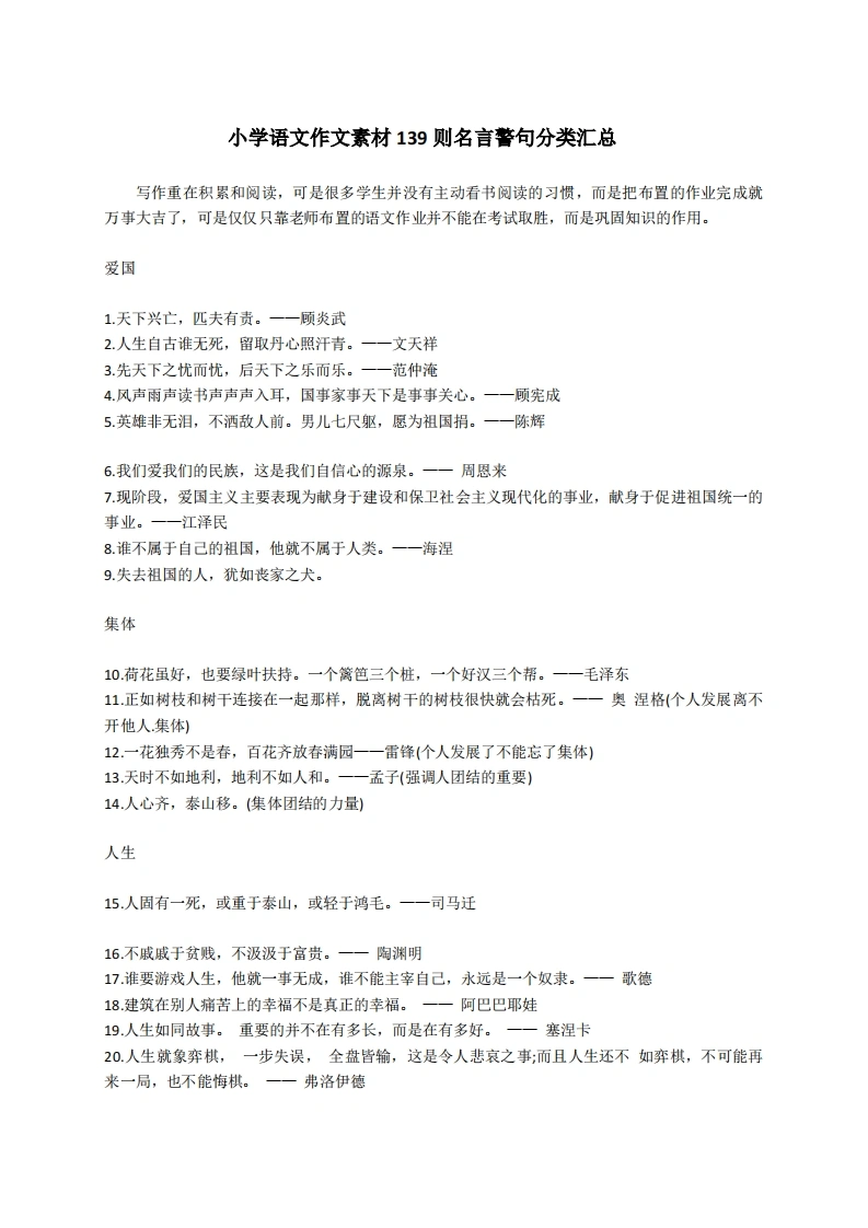小学语文作文素材-139则名言警句分类汇-学芽网