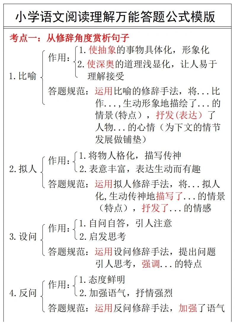 小学语文阅读理解万能答案公式模版-学芽网