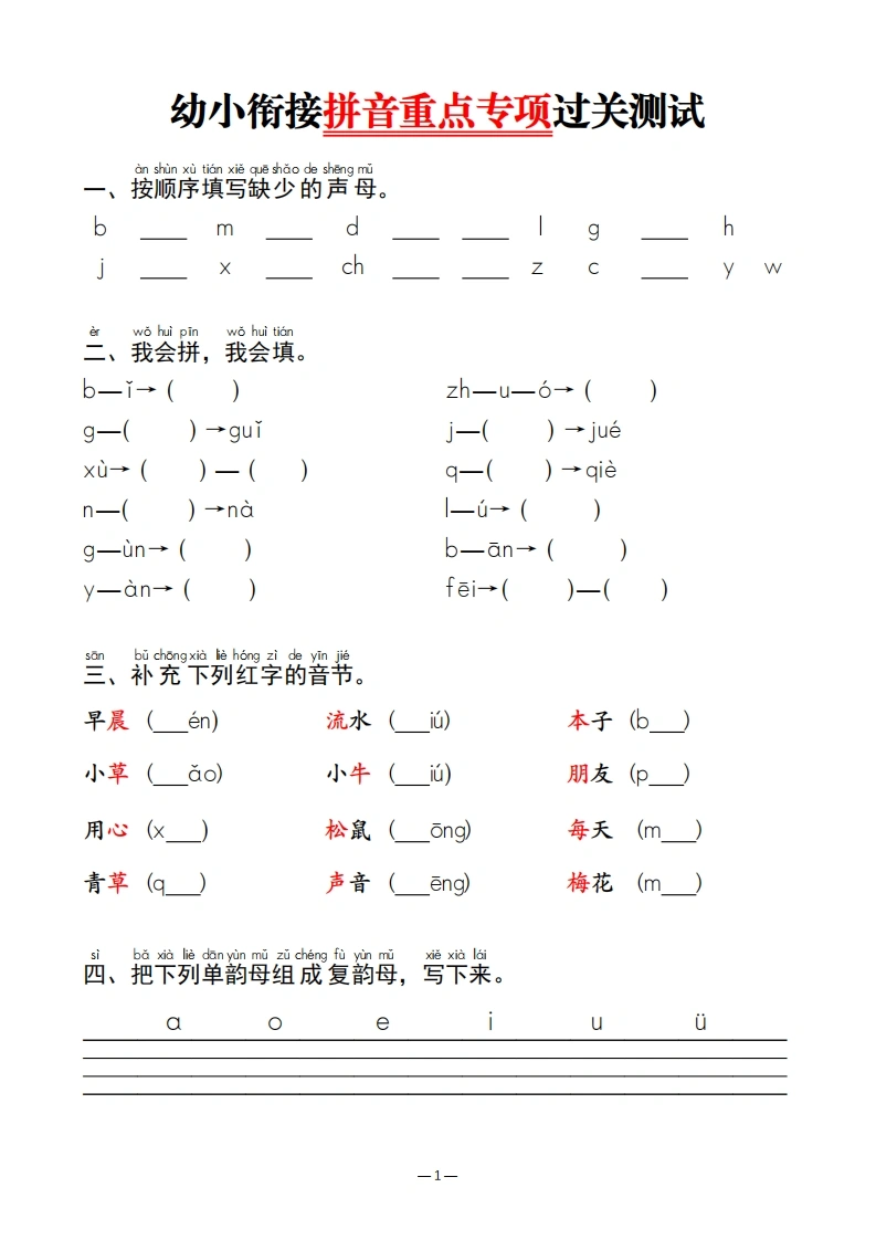 幼小衔接拼音重点专项过关测试-学芽网