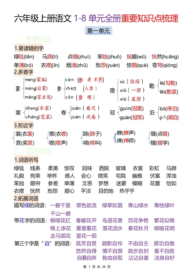期末1-8单元常考重点知识汇总-六年级上册语文-学芽网