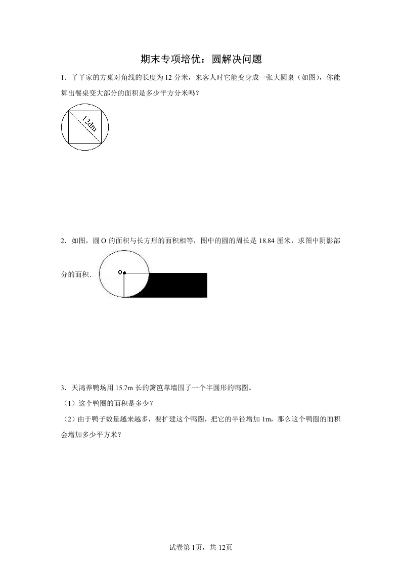 期末专项培优：圆解决问题（专项训练）-六年级上册数学