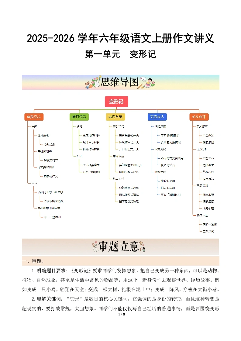 第一单元习作《变形记》（讲义）语文统编版六年级上册-学芽网