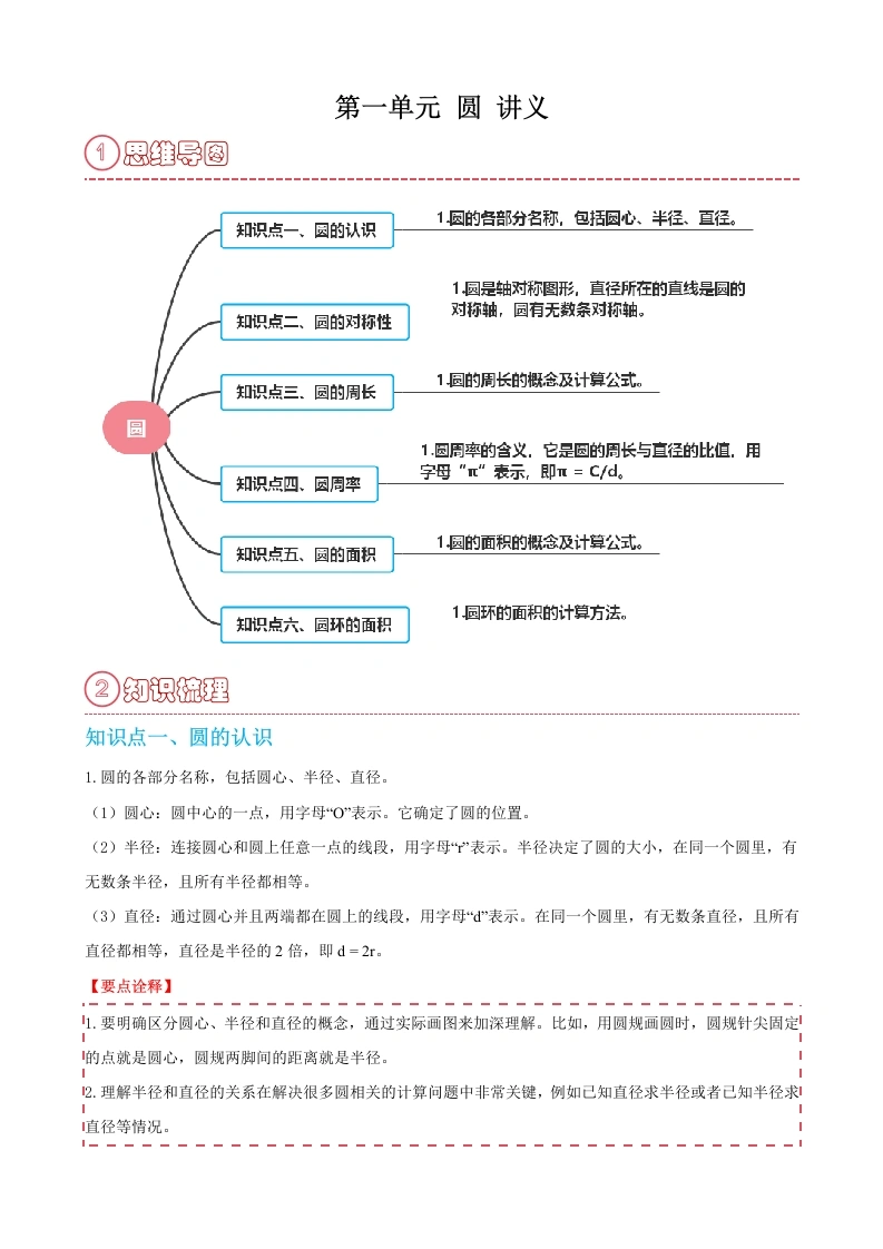 第一单元圆（讲义）-六年级上册数学北师大版-学芽网