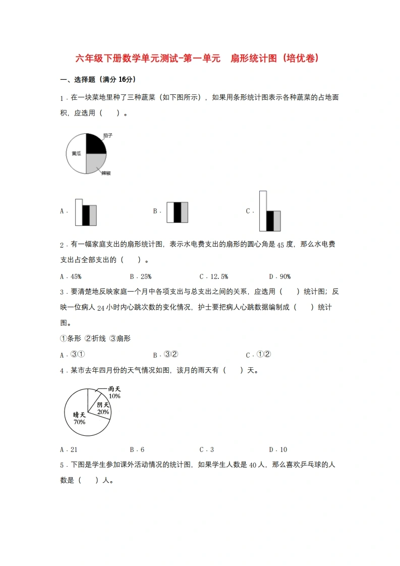 第一单元扇形统计图（培优卷）苏教版（含答案）-学芽网