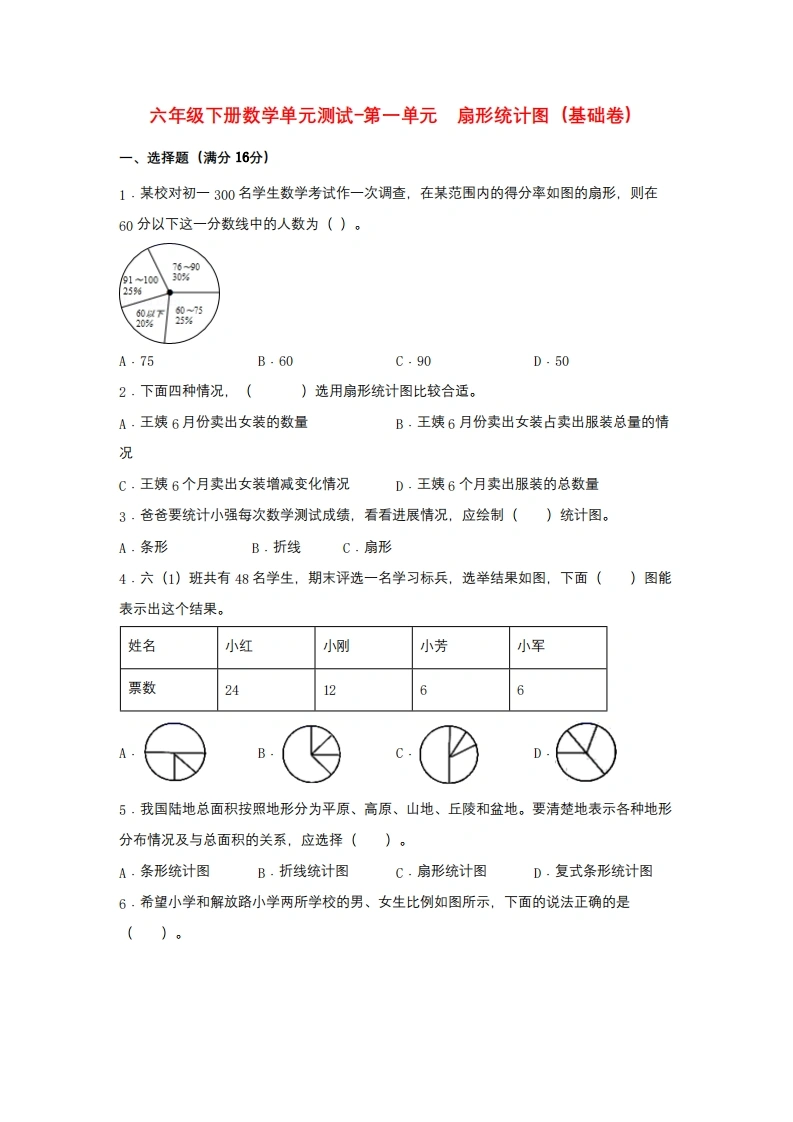 第一单元扇形统计图（基础卷）苏教版（含答案）-学芽网