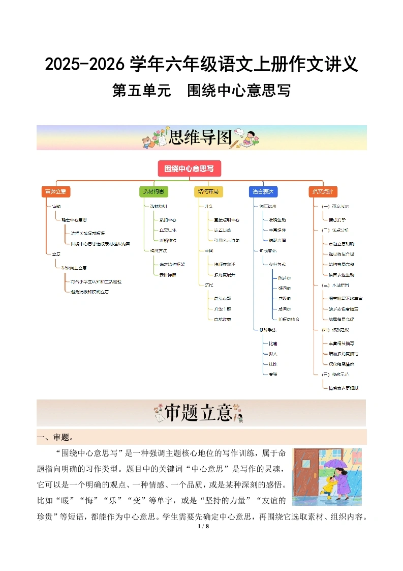 第五单元习作《围绕中心意思写》（讲义）语文统编版六年级上册-学芽网