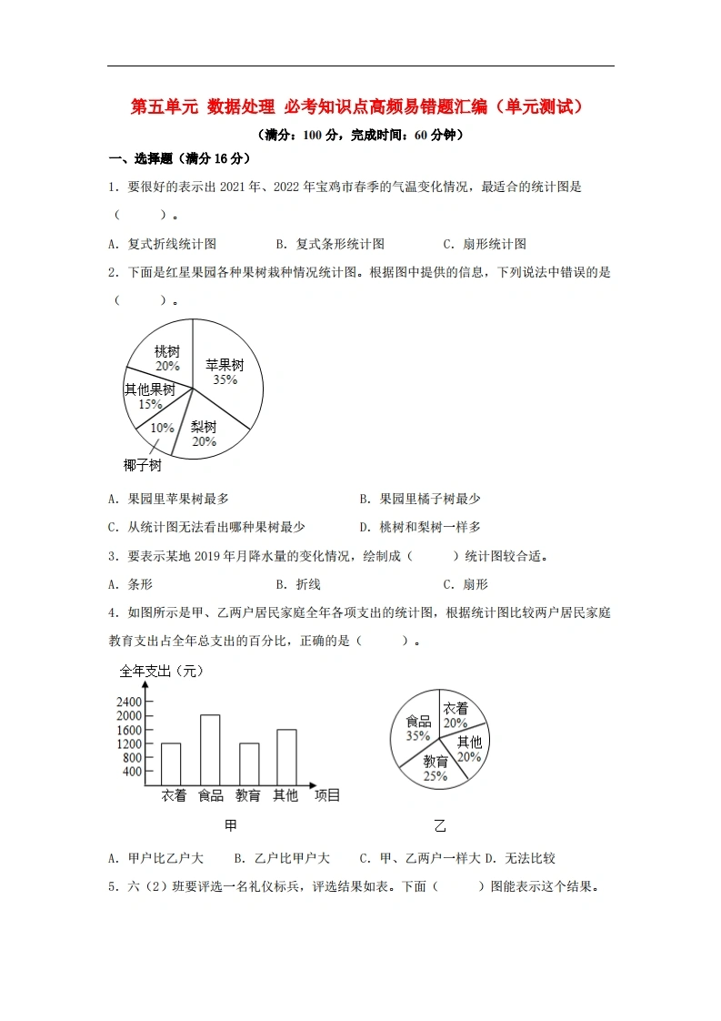 第五单元数据处理必考知识点高频易错题汇编（单元测试）小学数学六年级上册（北师大版，含答案）