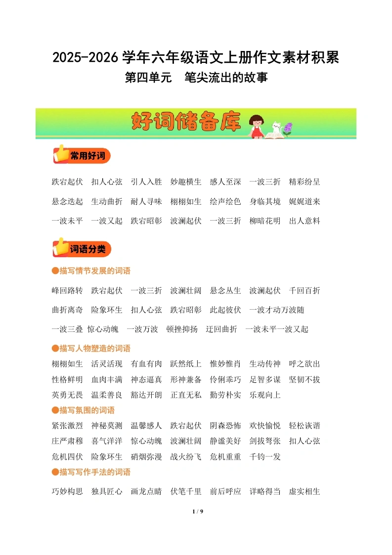 第四单元习作《笔尖流出的故事》（好词好句素材）语文统编版六年级上册-学芽网