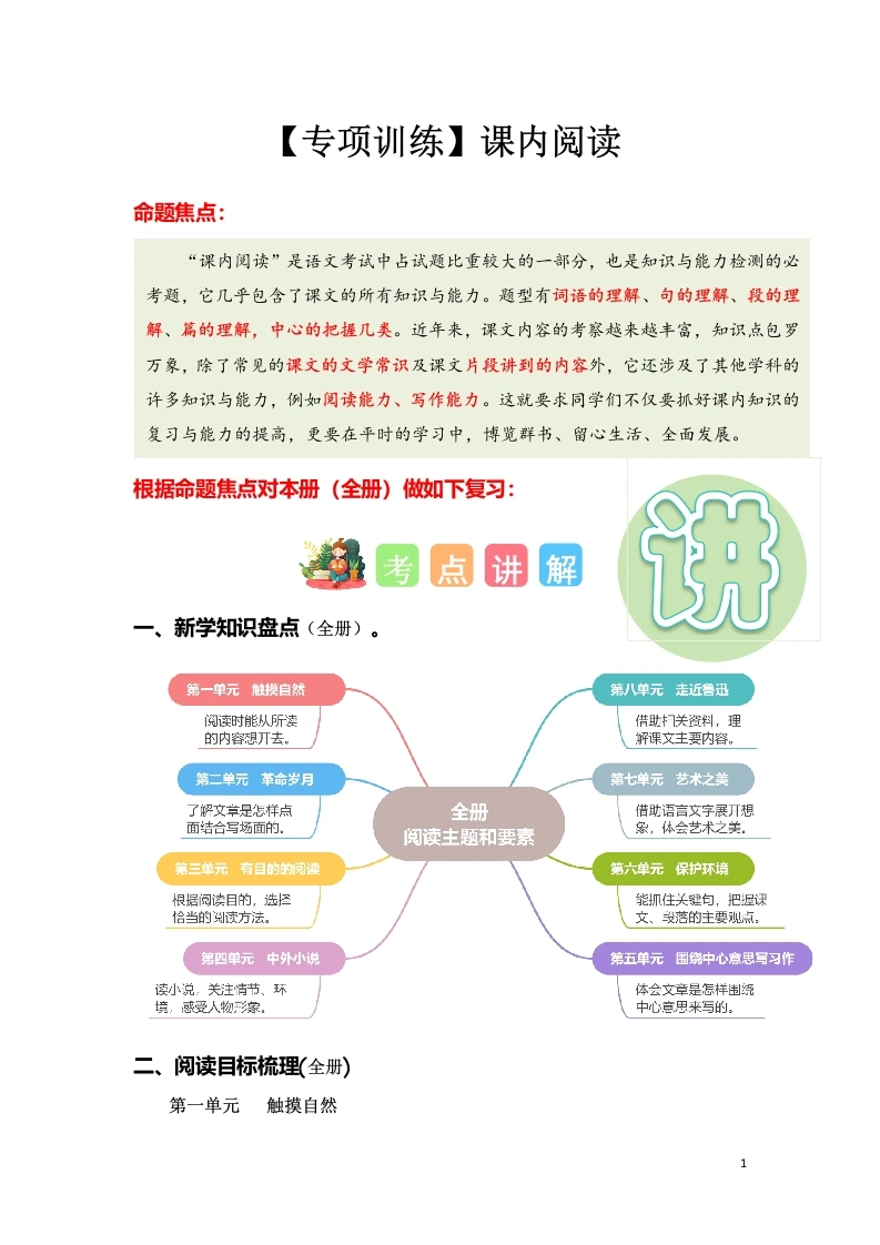 课内阅读（专项训练）-六年级语文上学期期末复习讲练测-学芽网