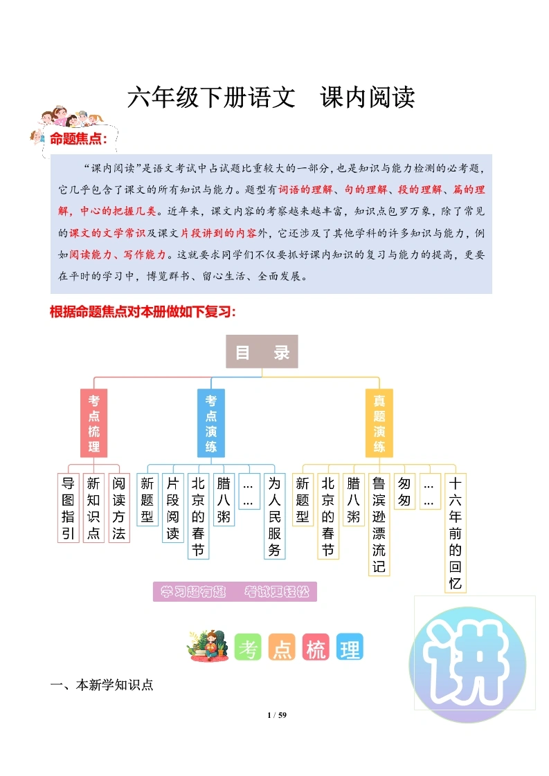 课内阅读（专项训练）-六年级语文下学期期末复习讲练测-学芽网