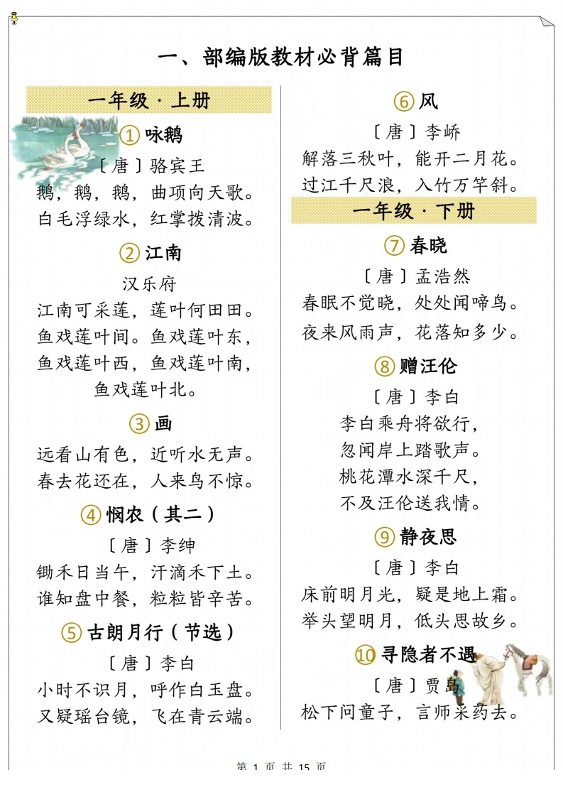 部编版教材必背篇目1-6年级上下册-学芽网