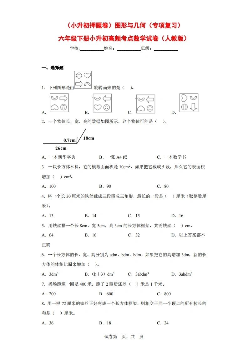（小升初押题卷）图形与几何（专项复习）-六年级下册小升初高频考点数学试卷（人教版）