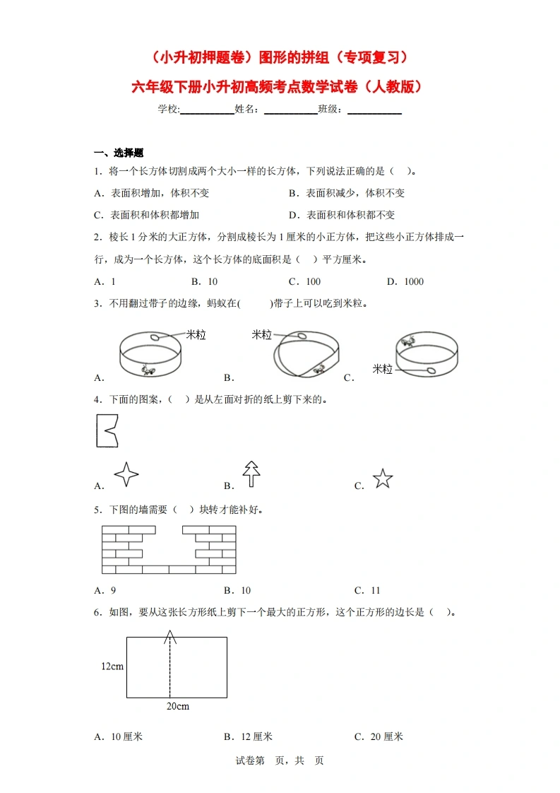 （小升初押题卷）图形的拼组（专项复习）-六年级下册小升初高频考点数学试卷（人教版）-学芽网