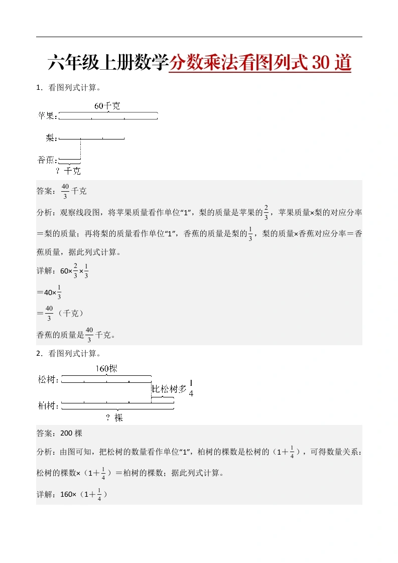 （答案）数乘法看图列式计算（提升版）六年级数学上册核心考点专练-学芽网
